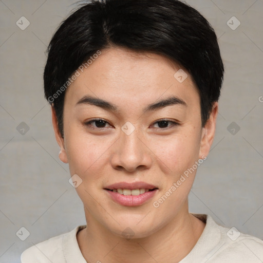 Joyful asian young-adult female with short  black hair and brown eyes
