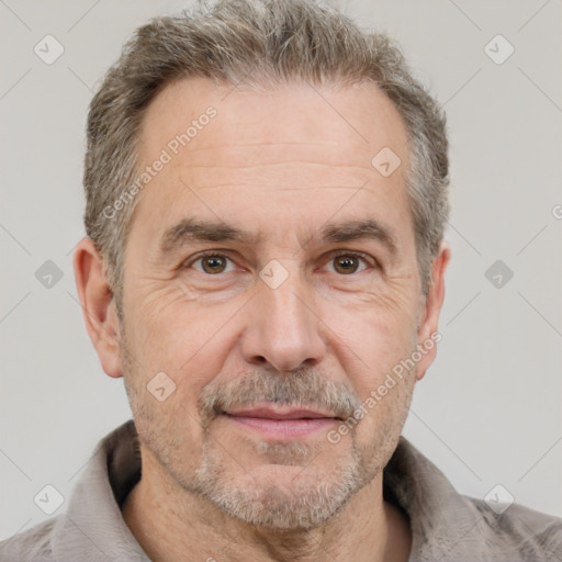 Neutral white middle-aged male with short  brown hair and brown eyes