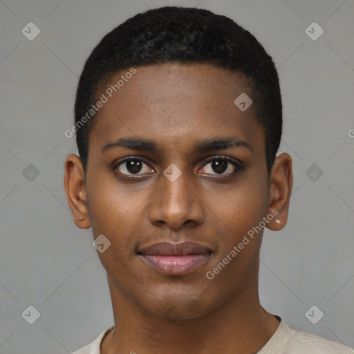 Joyful black young-adult male with short  black hair and brown eyes