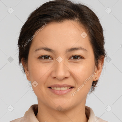 Joyful white young-adult female with medium  brown hair and brown eyes