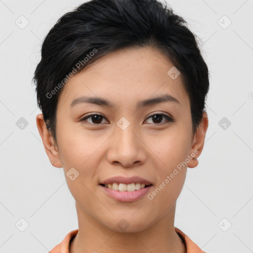 Joyful asian young-adult female with short  brown hair and brown eyes