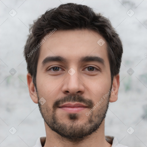 Neutral white young-adult male with short  black hair and brown eyes