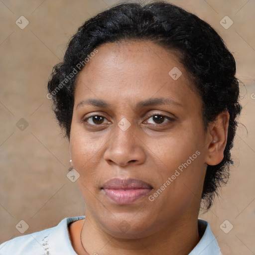 Joyful white adult female with short  brown hair and brown eyes