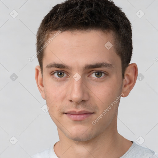 Neutral white young-adult male with short  brown hair and brown eyes