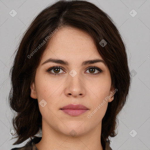 Neutral white young-adult female with medium  brown hair and brown eyes