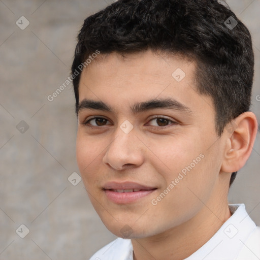 Joyful white young-adult male with short  black hair and brown eyes