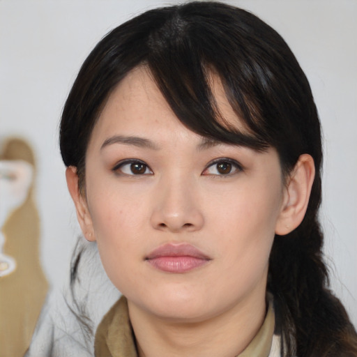 Neutral asian young-adult female with medium  black hair and brown eyes