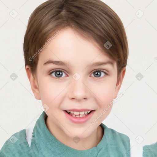 Joyful white child female with short  brown hair and brown eyes