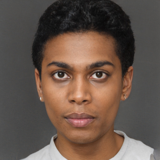 Neutral black young-adult male with short  black hair and brown eyes