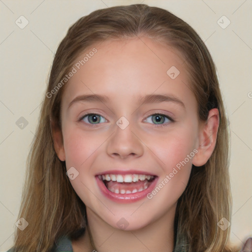 Joyful white child female with medium  brown hair and blue eyes