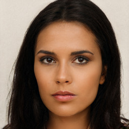 Neutral latino young-adult female with long  brown hair and brown eyes