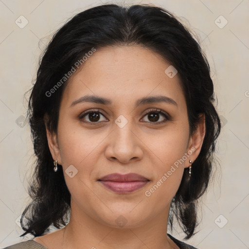 Joyful latino young-adult female with medium  brown hair and brown eyes