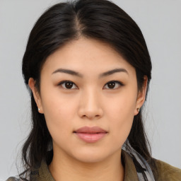 Neutral asian young-adult female with medium  brown hair and brown eyes