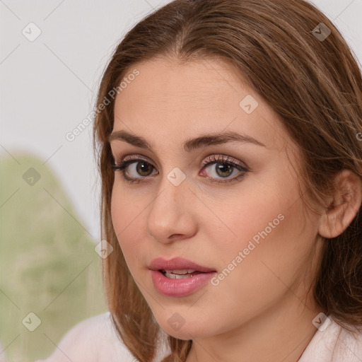 Neutral white young-adult female with medium  brown hair and brown eyes