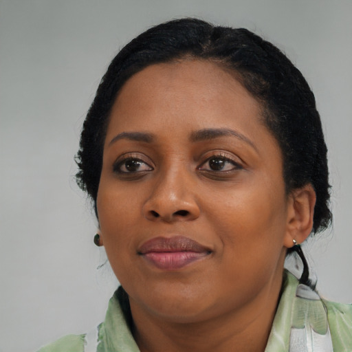 Joyful black adult female with medium  black hair and brown eyes