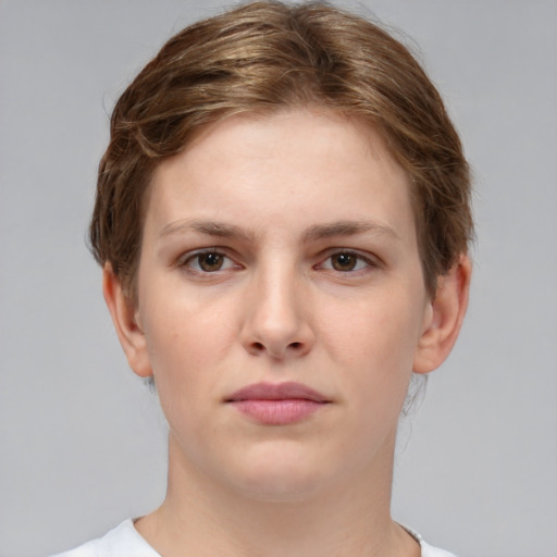 Neutral white young-adult female with short  brown hair and grey eyes