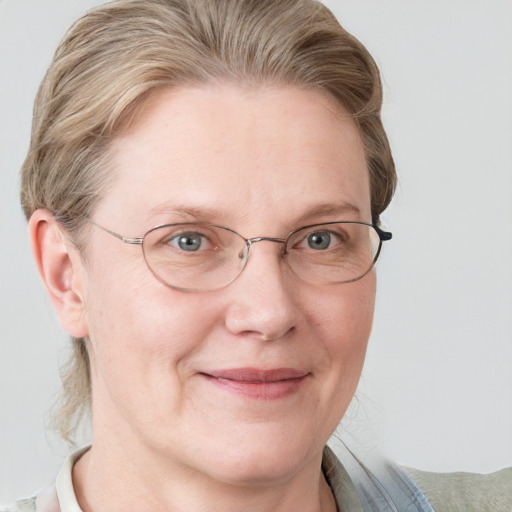 Joyful white adult female with medium  brown hair and blue eyes