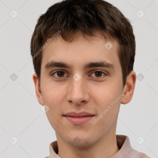 Neutral white young-adult male with short  brown hair and brown eyes