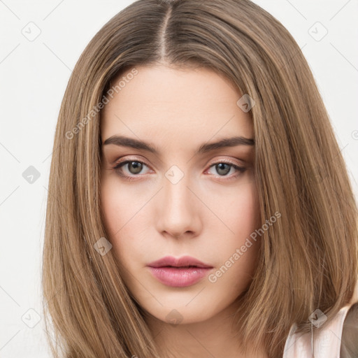 Neutral white young-adult female with long  brown hair and brown eyes