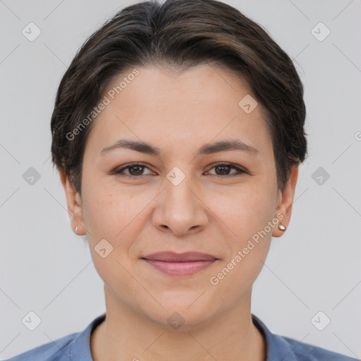 Joyful white young-adult female with short  brown hair and brown eyes