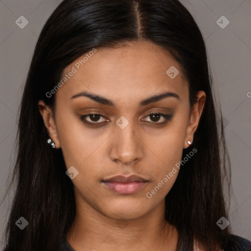 Neutral black young-adult female with long  brown hair and brown eyes