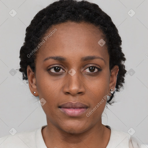 Neutral black young-adult female with short  black hair and brown eyes