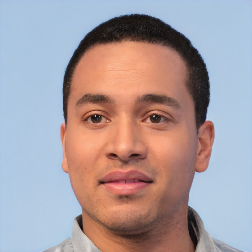 Neutral white young-adult male with short  black hair and brown eyes
