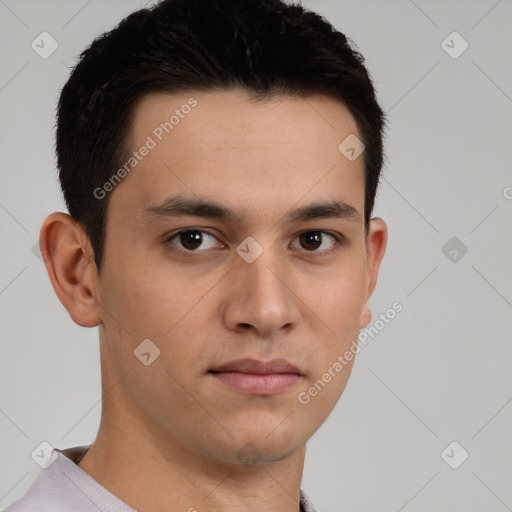 Neutral white young-adult male with short  brown hair and brown eyes