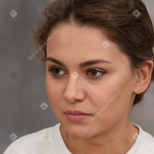 Neutral white young-adult female with short  brown hair and brown eyes