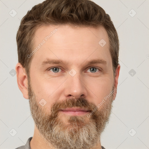 Neutral white adult male with short  brown hair and grey eyes