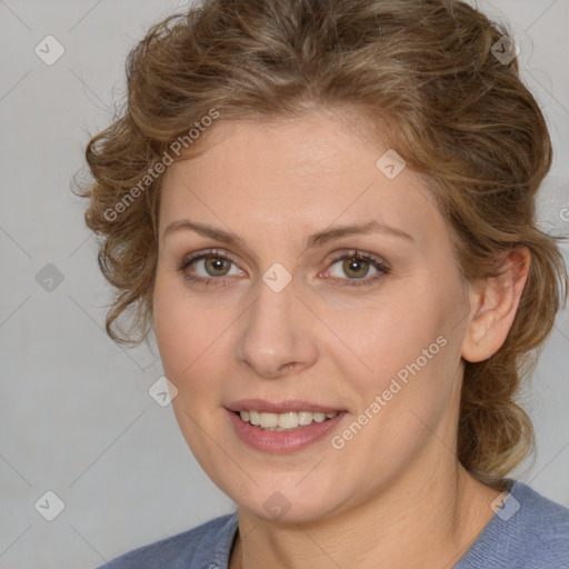 Joyful white young-adult female with medium  brown hair and blue eyes