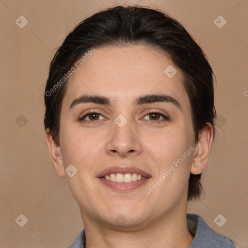 Joyful white young-adult female with medium  brown hair and brown eyes