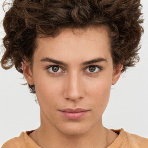 Neutral white young-adult female with short  brown hair and brown eyes