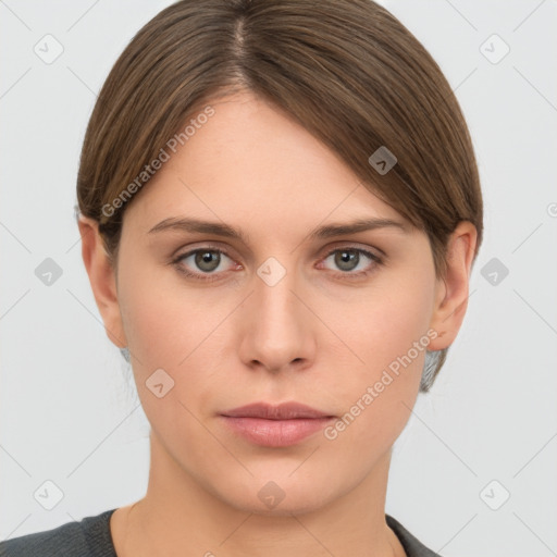 Neutral white young-adult female with short  brown hair and brown eyes