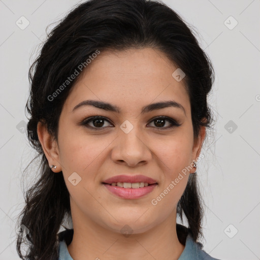 Joyful latino young-adult female with medium  brown hair and brown eyes