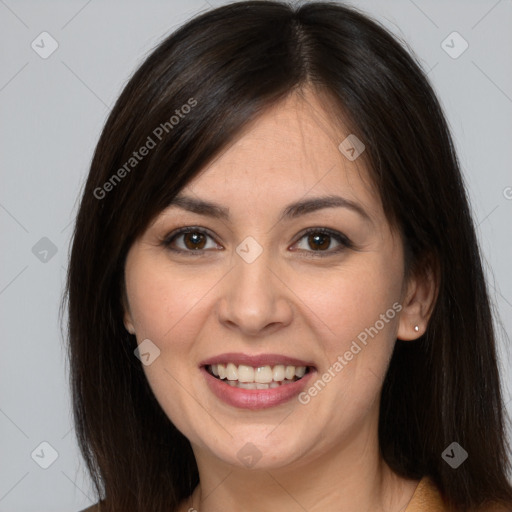 Joyful white young-adult female with long  brown hair and brown eyes