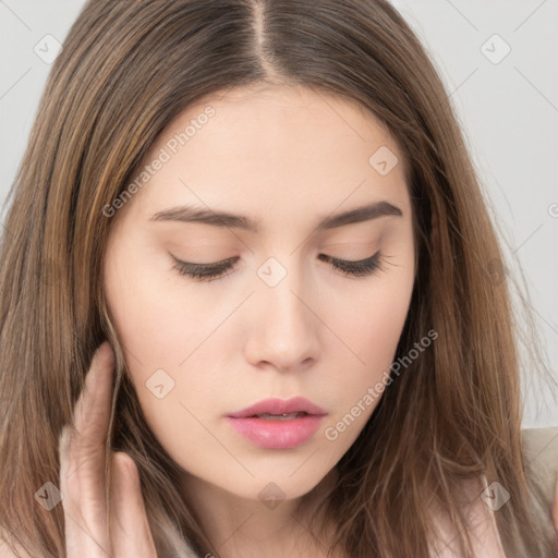 Neutral white young-adult female with long  brown hair and brown eyes