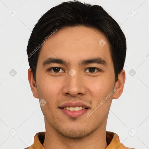 Joyful white young-adult male with short  black hair and brown eyes