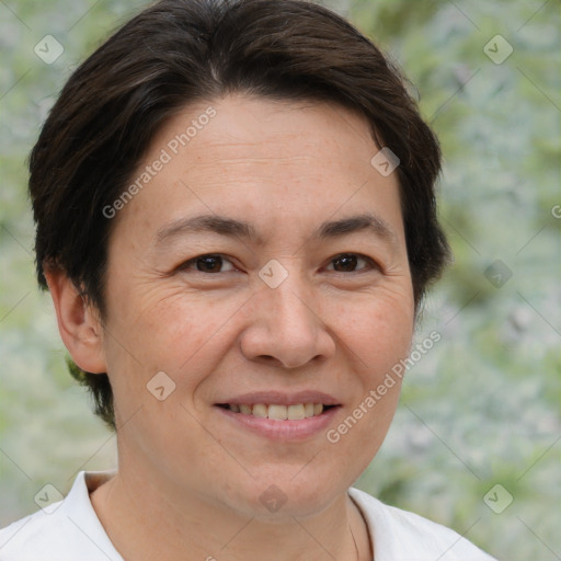 Joyful white adult female with short  brown hair and brown eyes