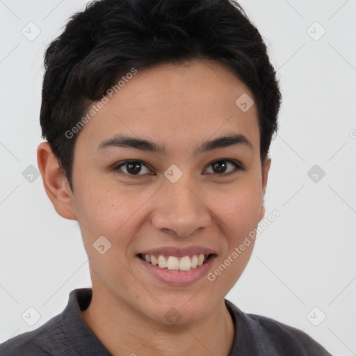 Joyful white young-adult female with short  brown hair and brown eyes