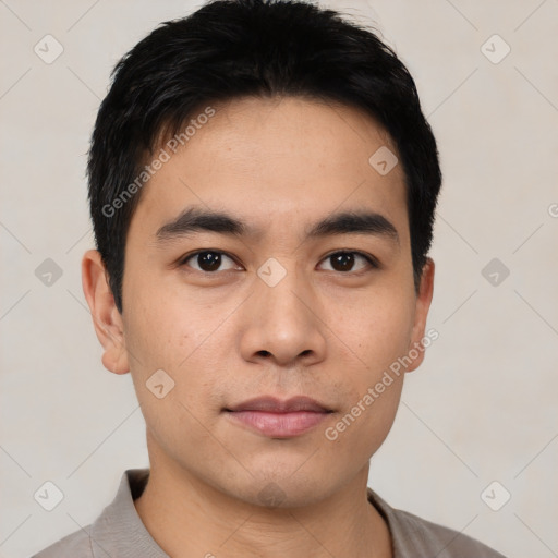 Neutral asian young-adult male with short  black hair and brown eyes