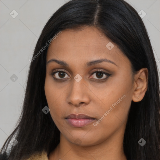 Neutral asian young-adult female with long  brown hair and brown eyes