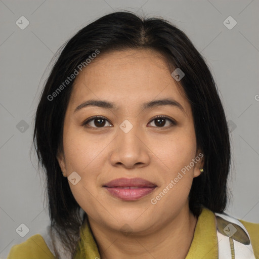 Joyful asian young-adult female with medium  brown hair and brown eyes