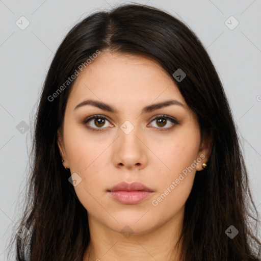 Neutral white young-adult female with long  brown hair and brown eyes