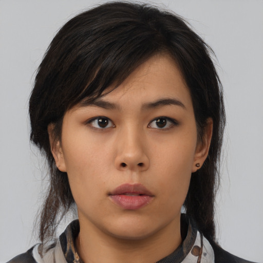 Neutral asian young-adult female with medium  black hair and brown eyes