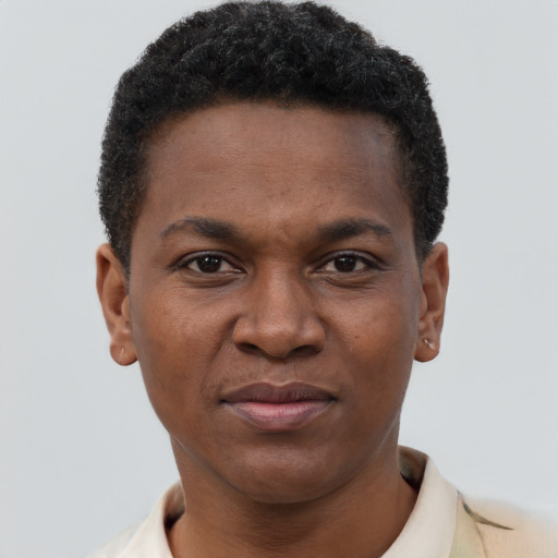 Joyful black young-adult male with short  brown hair and brown eyes