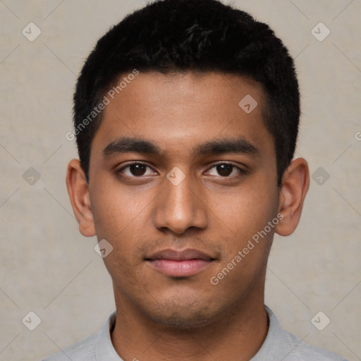 Neutral white young-adult male with short  black hair and brown eyes