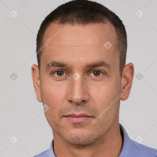 Neutral white adult male with short  brown hair and brown eyes