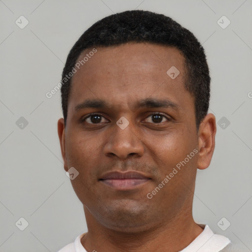 Neutral black young-adult male with short  black hair and brown eyes