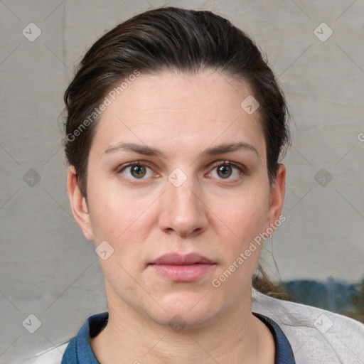 Neutral white young-adult female with short  brown hair and brown eyes